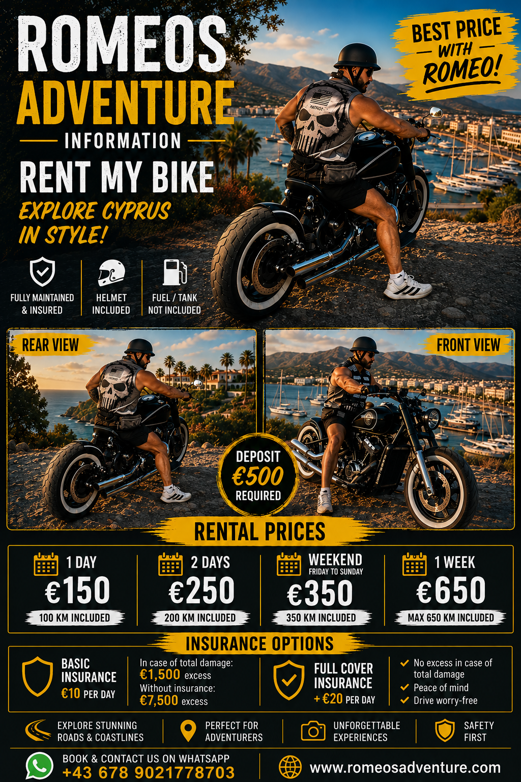 Romeo's Adventure motorbike rental information sheet with rental prices and insurance options
