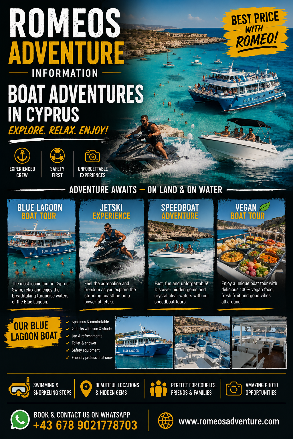 Romeo's Adventure boat adventures information sheet with Blue Lagoon tour, jet ski and speedboat