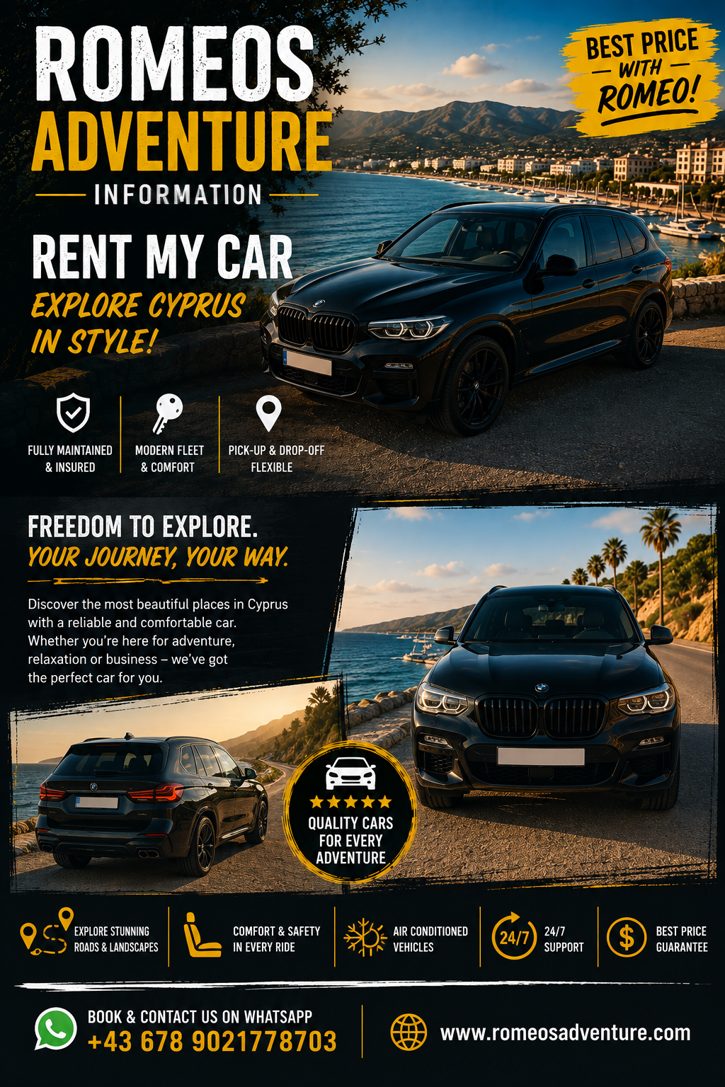 Romeo's Adventure car rental information sheet showing the rental car in Cyprus
