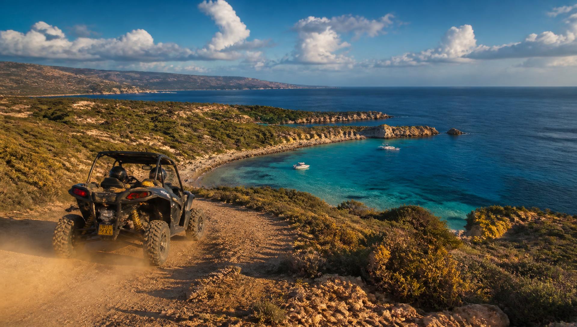 Buggy on a coastal trail above the Blue Lagoon in Cyprus